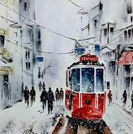 نقاشی آبرنگ استانبول برفی