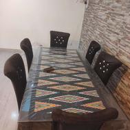 میز نهار خوری شیش نفره چوب و شیشه صندلی چوبی