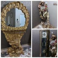 لوازم منزل شامل ساعت برنجی . آبریز فرشته و آینه طاووس