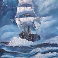 تابلو نقاشی رنگ روغن کشتی در دریا