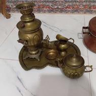 سماور برنز ذغالی با لوازم و ظروف مسی