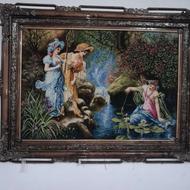 تابلو فرش ، گل ، طبیعت و ماهیگیر