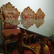 میز نهار خوری 6نفره شیشه ای صندلی وپایه میز چوب کارشده