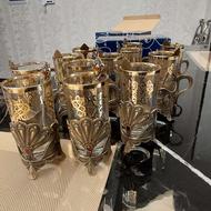 دودسته فنجان چای خوری پایه برنز اصل سنگین با قاشق