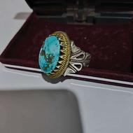 انگشتر کلکسیونی دست ساز مهر دار نقره ساچمه با سنگ فیروزه