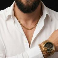 ست ساعت مچی مردانه طلایی صفحه سفیدومشکی و دستبند و گردنبند