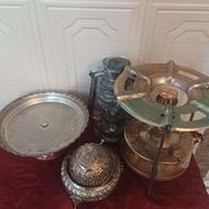 خاویار خوری برنجی قلم چراغ نفتی خوراک پزی شیرینی خوری مسی